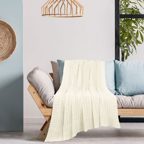 Cotton Cable Knit Throw Blanket Soft Throw Blankets for Sofa Bed Beige - Picture 4 of 6